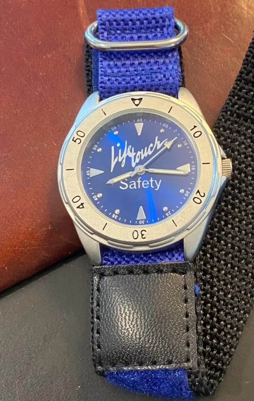 Men's 38mm Life Touch Safety Watch, Blue Face and Canvas Band